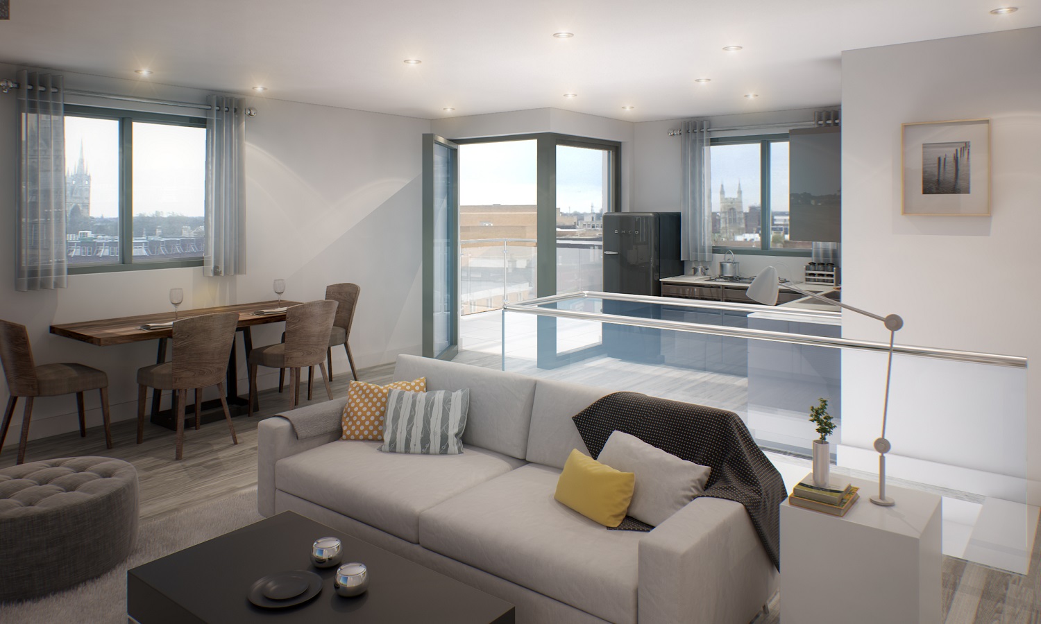 Apartment penthouse interior CGI.