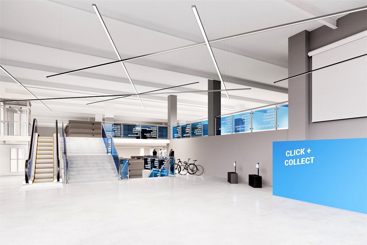 Sports shop interior CGI.