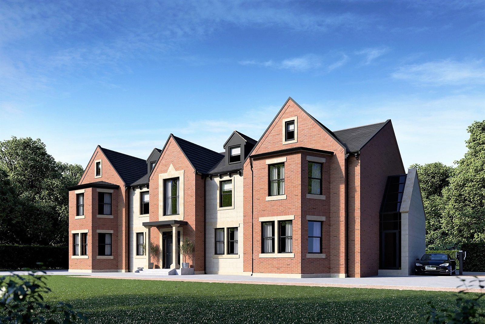 Large new build house design front view CGI.