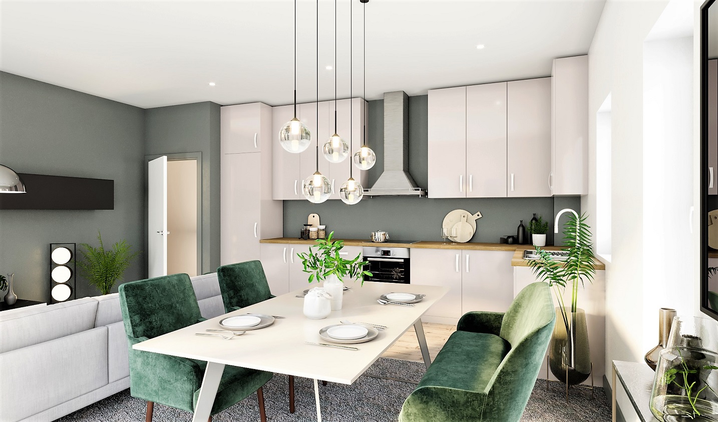 Second floor apartment interior 3D render.