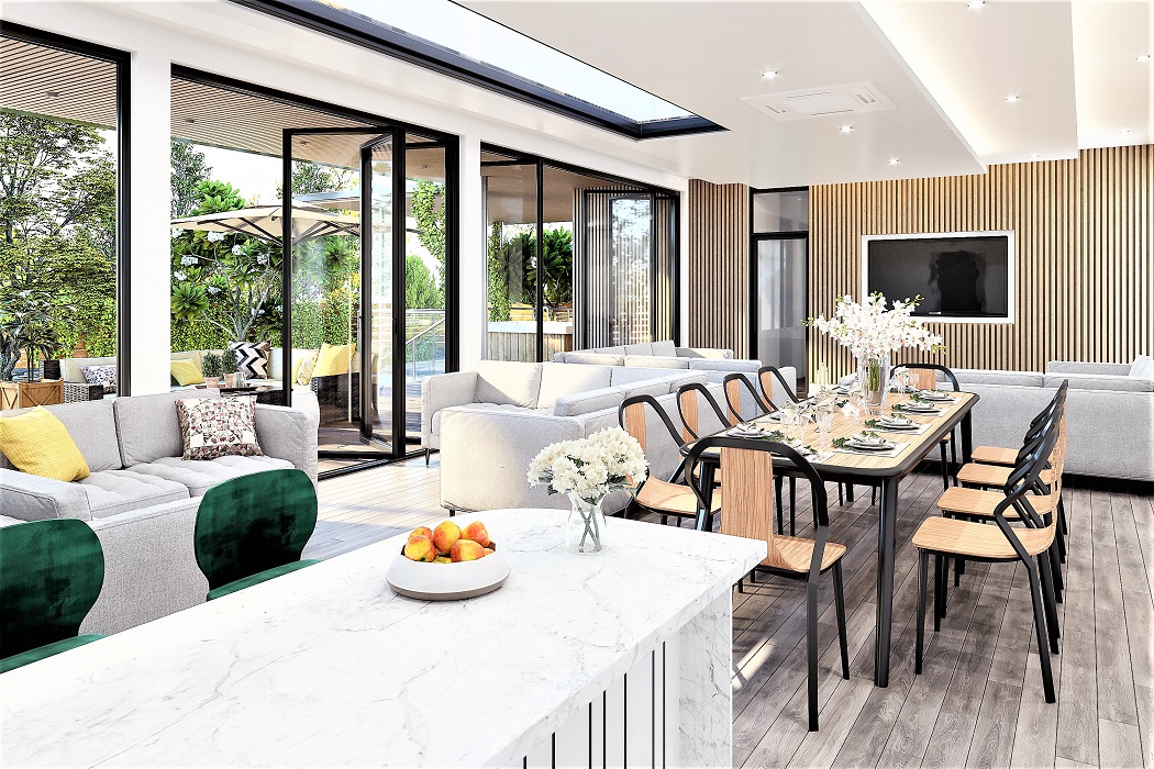 Architectural designed open plan living area CGI.