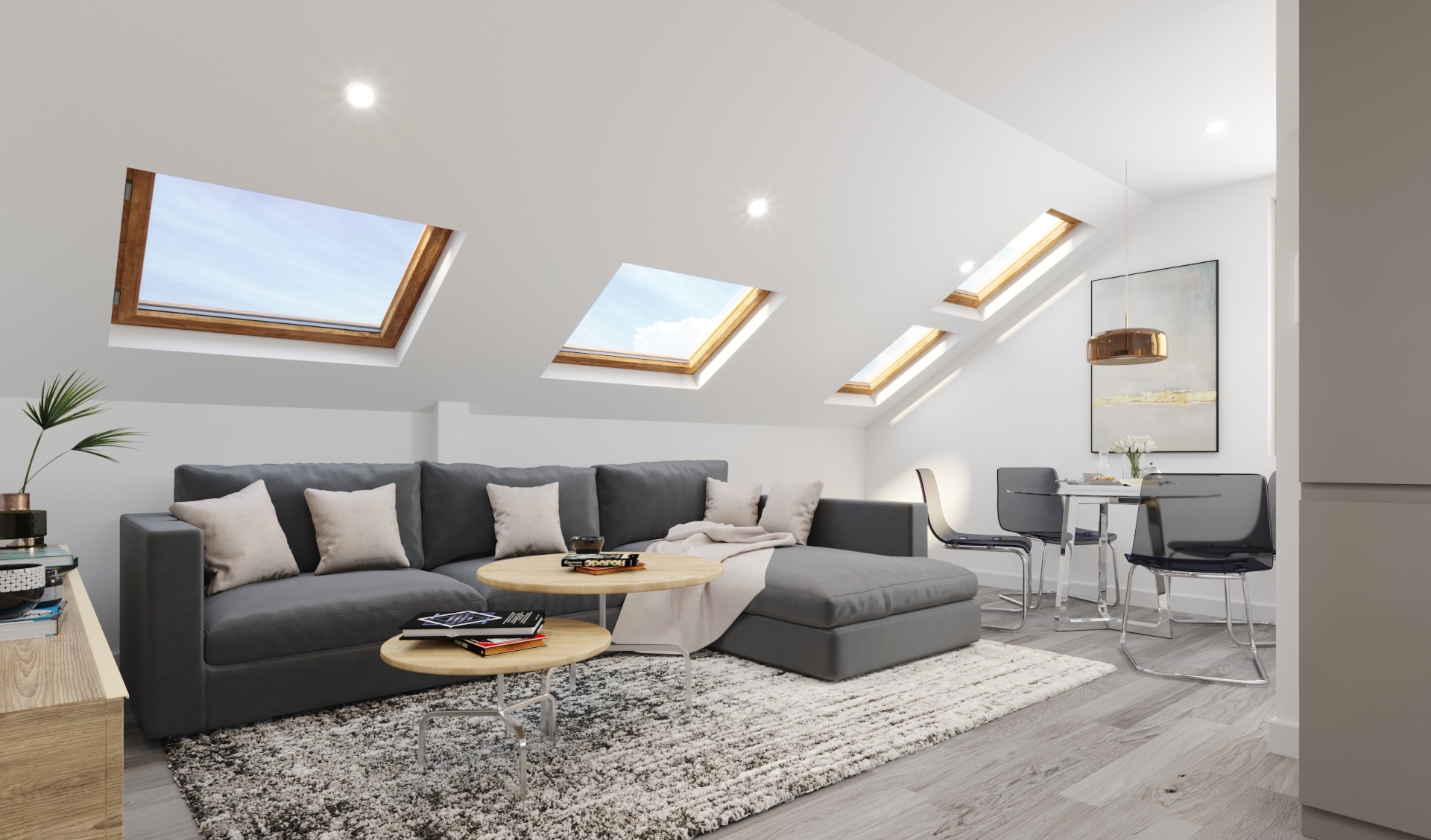 Penthouse apartment open plan living area CGI.