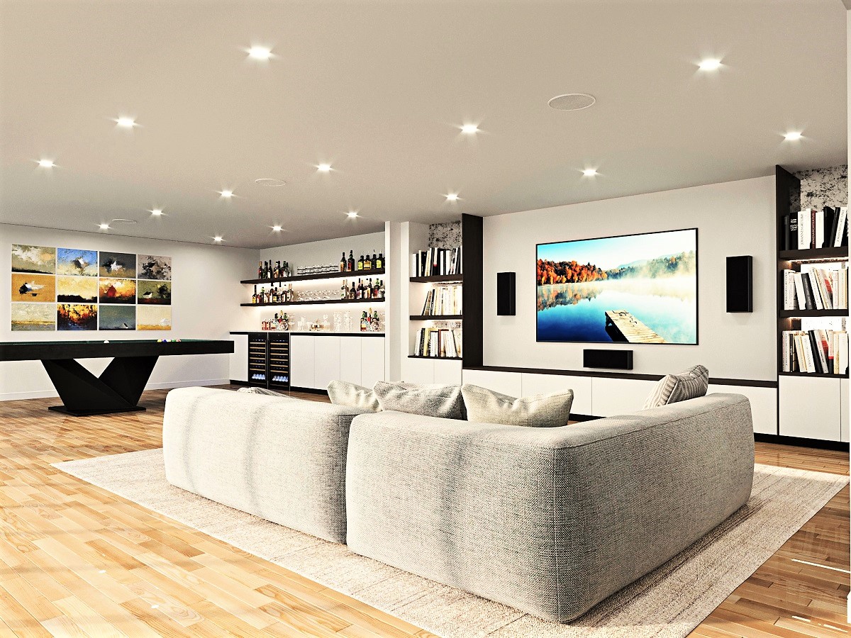 Basement lounge design CGI.