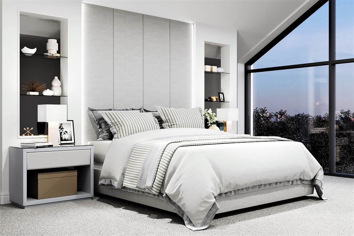Vaulted ceiling master bedroom CGI.