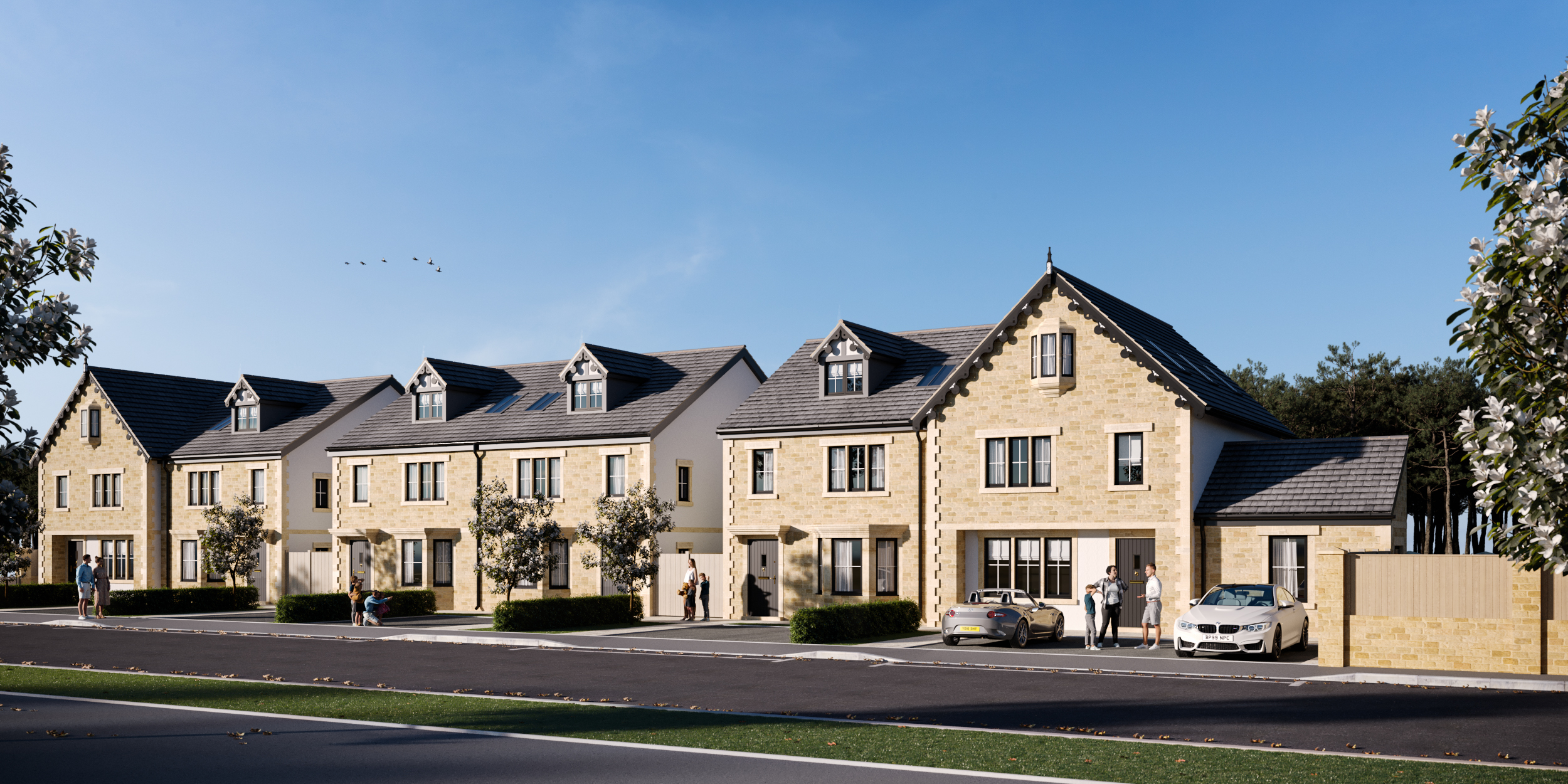 New build housing development street view CGI.