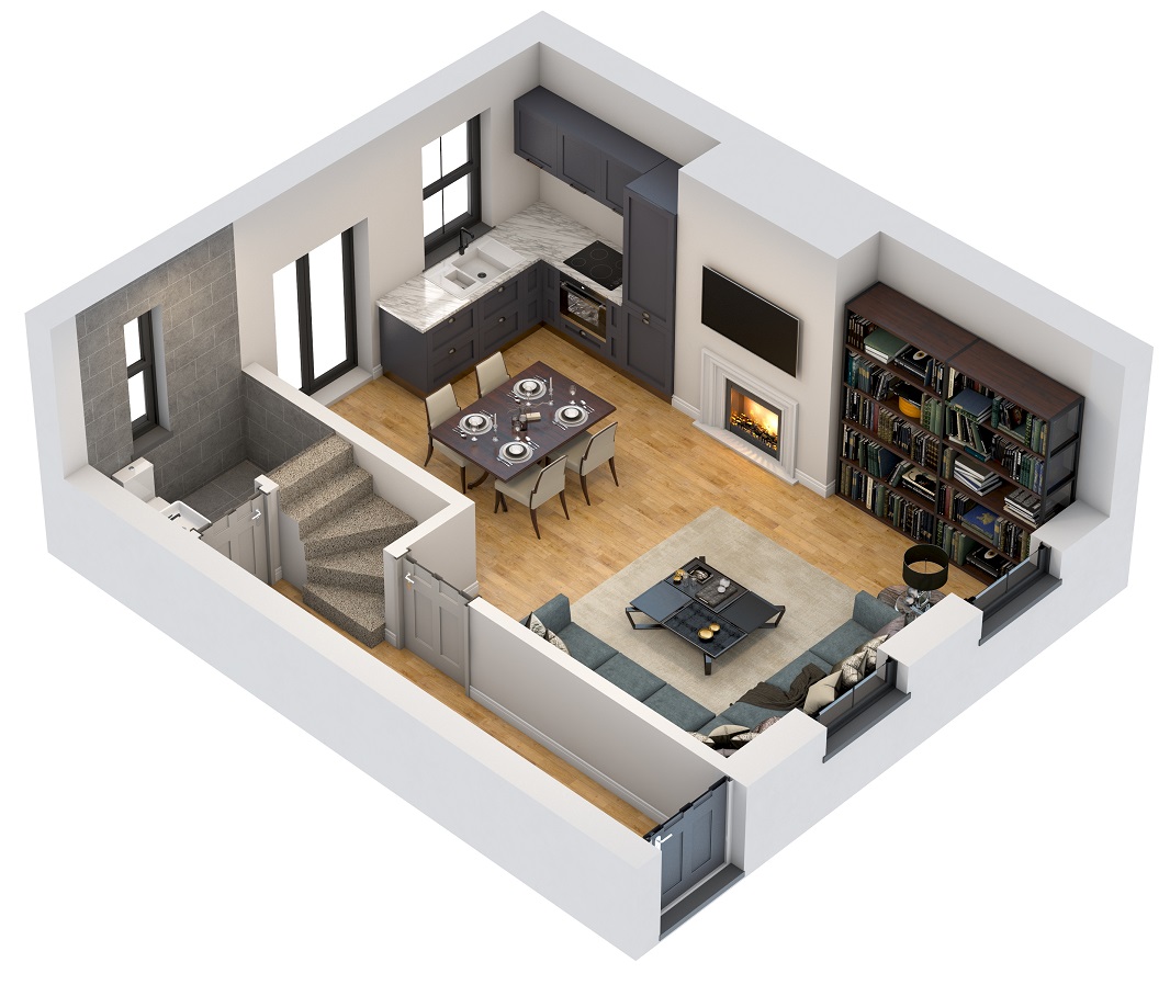 Ground floor apartment design 3D floor plan.